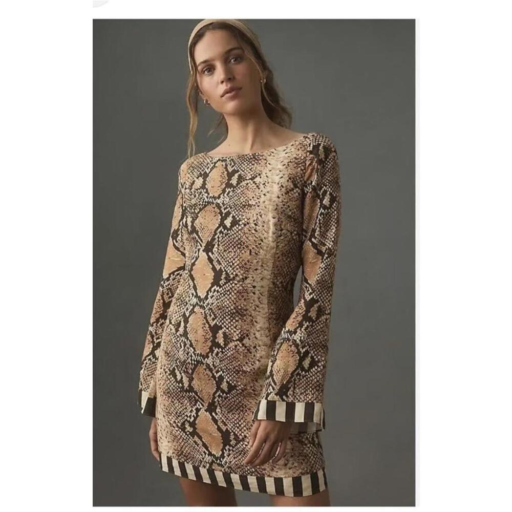 Anthropologie Hope for Flowers Snake Print Brown Cutout Dress Sz Med Short Linen